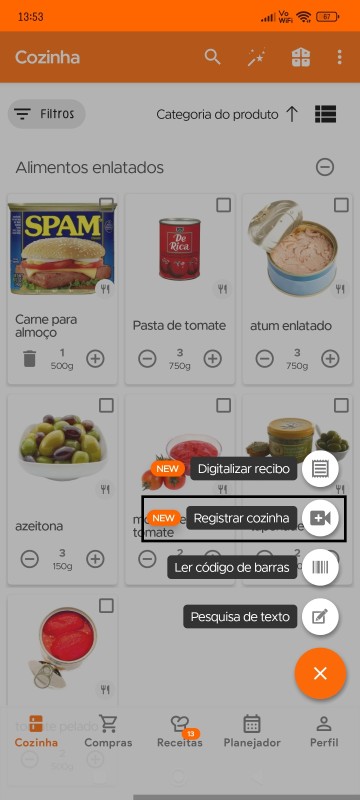 Kitchen page with Record Kitchen button